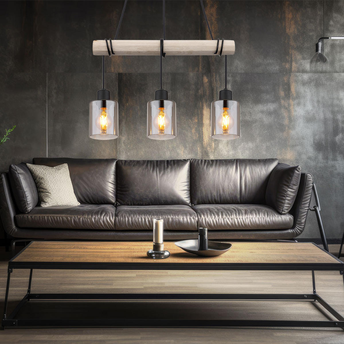 HÄNGELEUCHTE Holz Braun Glas rauchfarben - Braun, Holz (50/10/140cm) - Globo Lighting