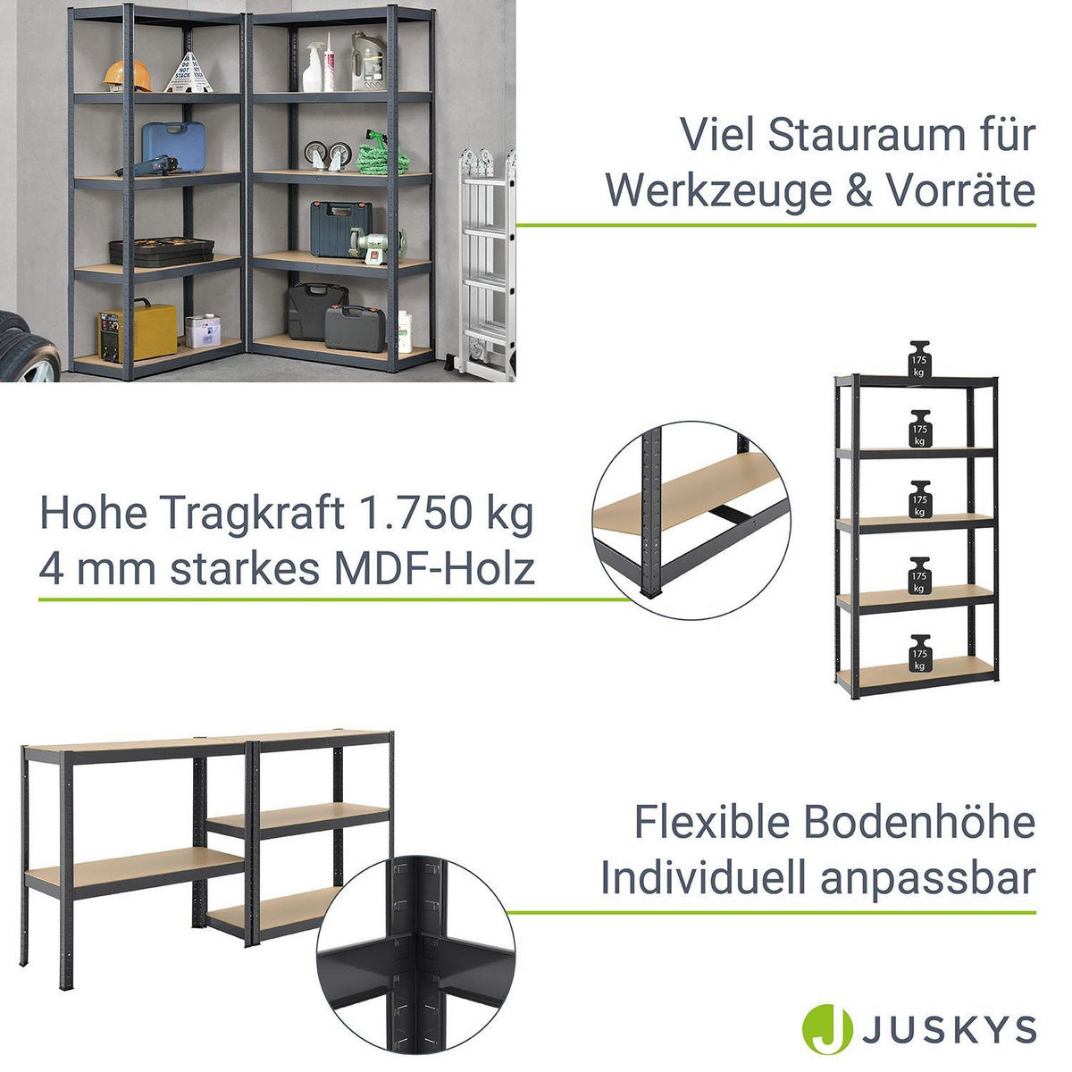 LAGERREGAL Basic grau 180x90x40 cm (2er-Set) - Grau, Metall (90/180/40cm) - Juskys