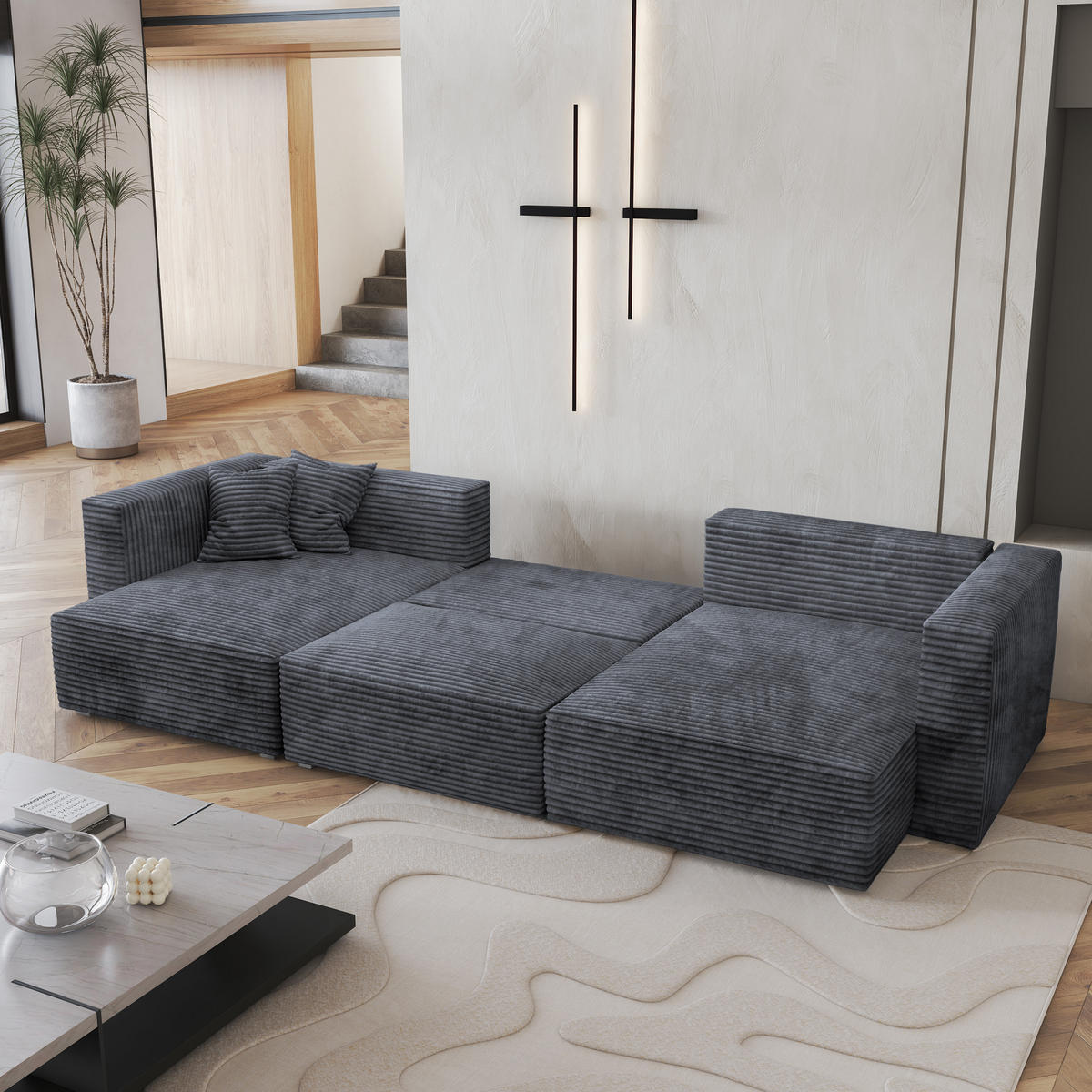 WOHNLANDSCHAFT SARMO Graphitfarben Kordstoff mit Schlaffunktion - Graphitfarben, Holz (347/90/148cm) - MASSENO