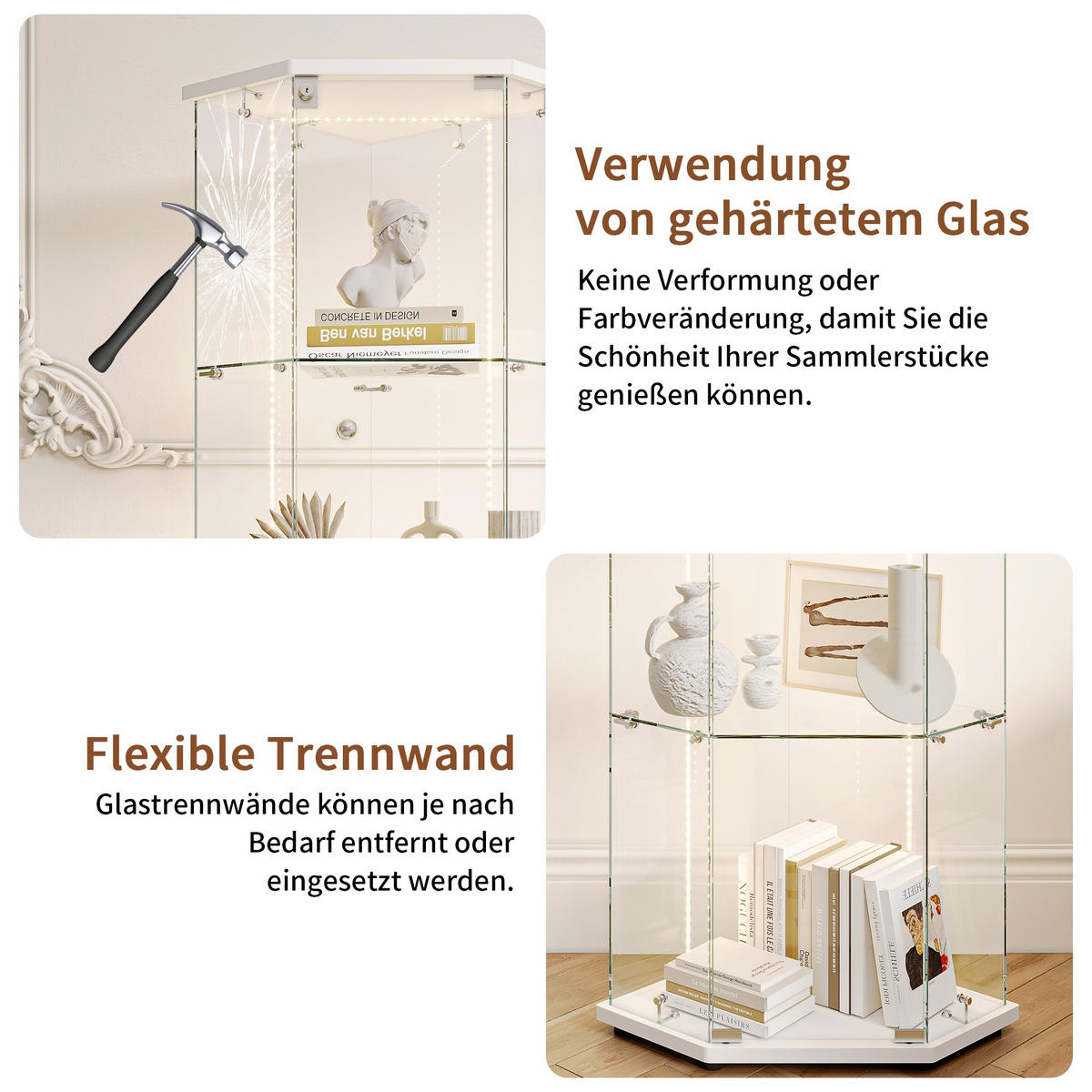 VITRINE mit RGB LED Beleuchtung - Eckvitrine mit 4 Ebenen und 1 Glastür - Glaskvitrine mit Schloss - Weiß - Weiß, Glas (60/162/42.5cm) - DELFA