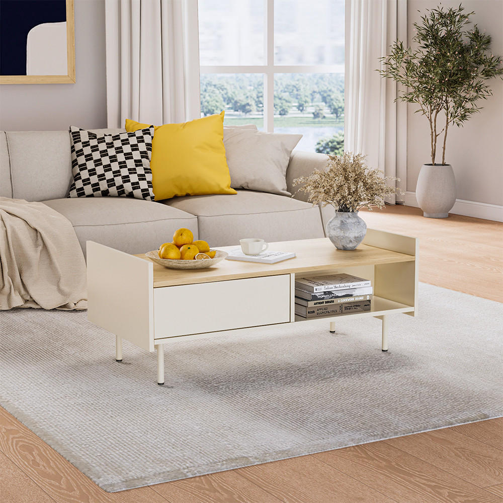 COUCHTISCH Velina Creme 100 x 50 cm mit 2 Schubladen - Eichefarben/Creme, Holzwerkstoff (50/100/40cm) - Vicco