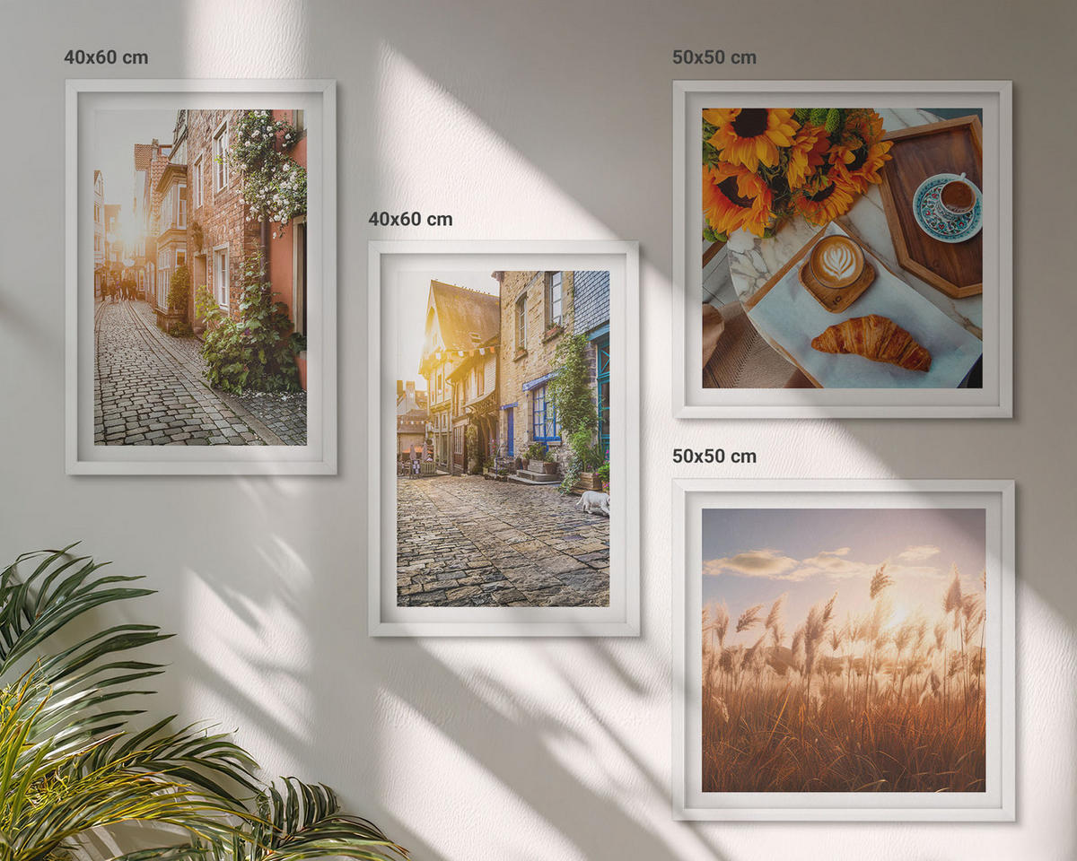 BILDER SET 4er Set - 50x50 cm & 40x60 cm Weißer Rahmen - Charmante Straßen mit Kaffee - Weiß, Kunststoff (50/50cm) - TULUP
