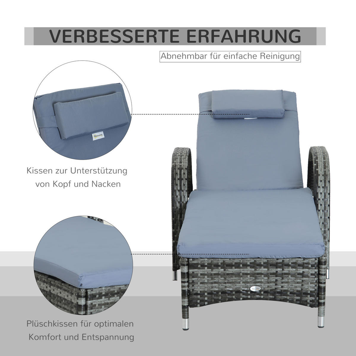 SONNENLIEGE, Polyrattan+Metall, Grau - Multicolor, Kunststoff (73/103/200cm) - Outsunny