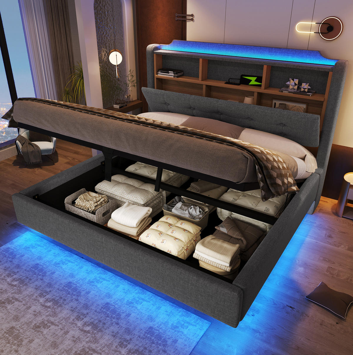 POLSTERBETT 140/200 cm aus Leinen mit LED-Lichtleiste und hydraulischem Stauraum Grau - Grau, Textil (140/200cm) - Modenvie