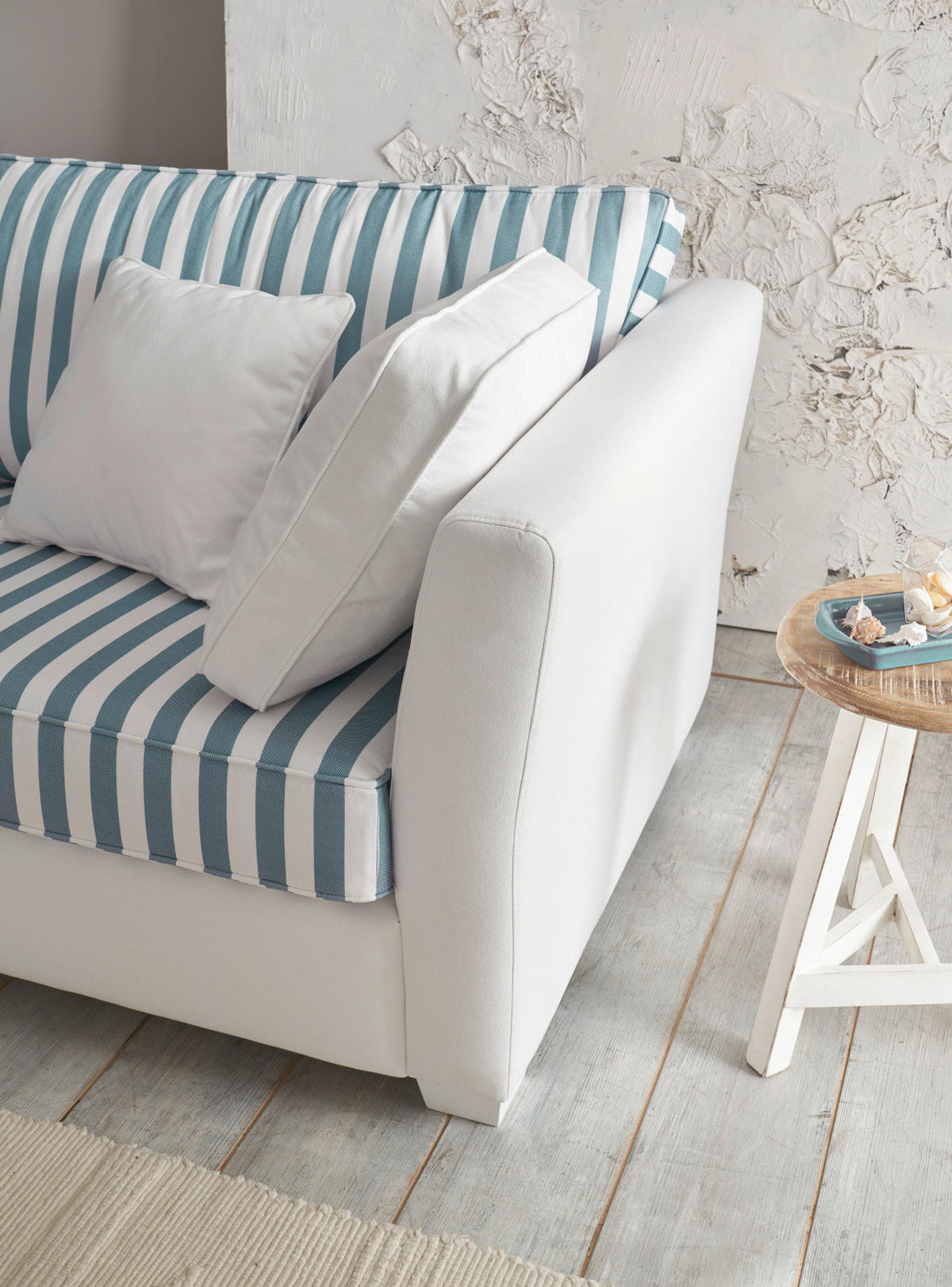 SOFA 3-Sitzer creme blau gestreift, Landhaus 240 cm, Couch Set inklusive Hocker - Blau/Creme, Holz/Textil (240/88/176cm) - Furn.Design