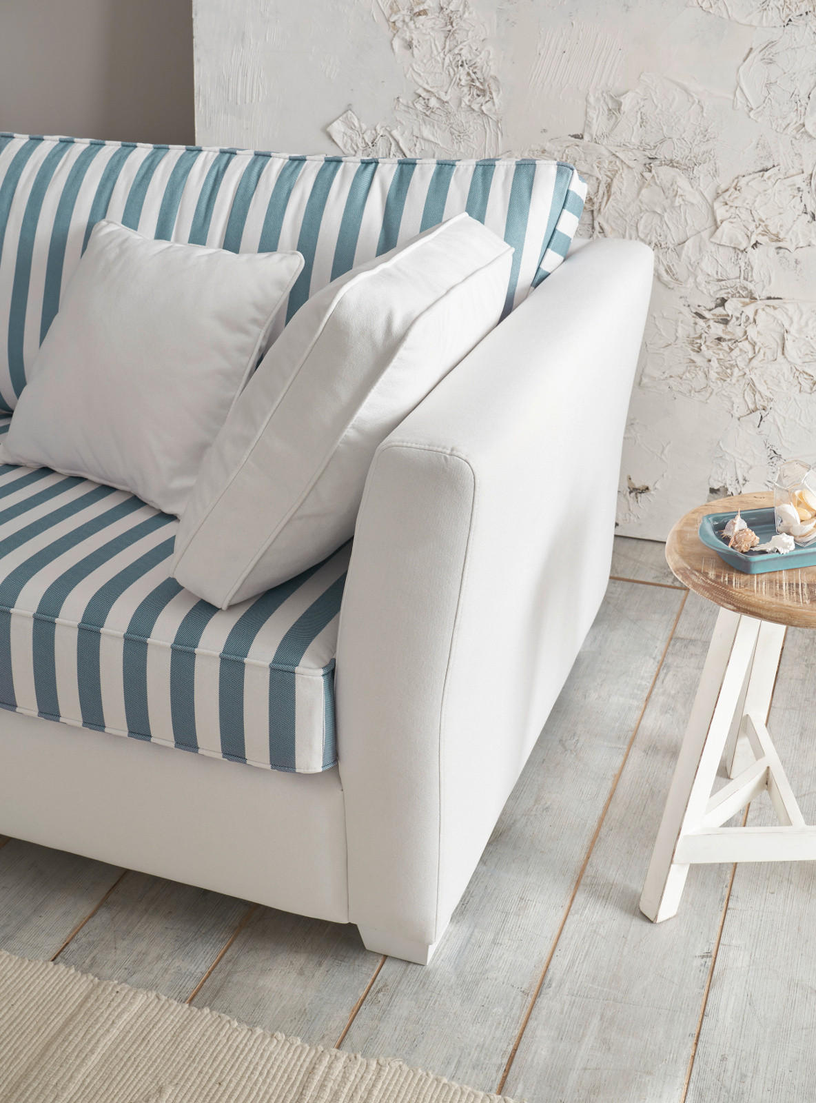 Thumbnail - Furn.Design Sofa, Creme, Blau, Textil, Echtholz, Gestreift, Uni, 3-Sitzer, eckig, 240x88x176 cm, Wohnzimmer, Sofas & Cou...