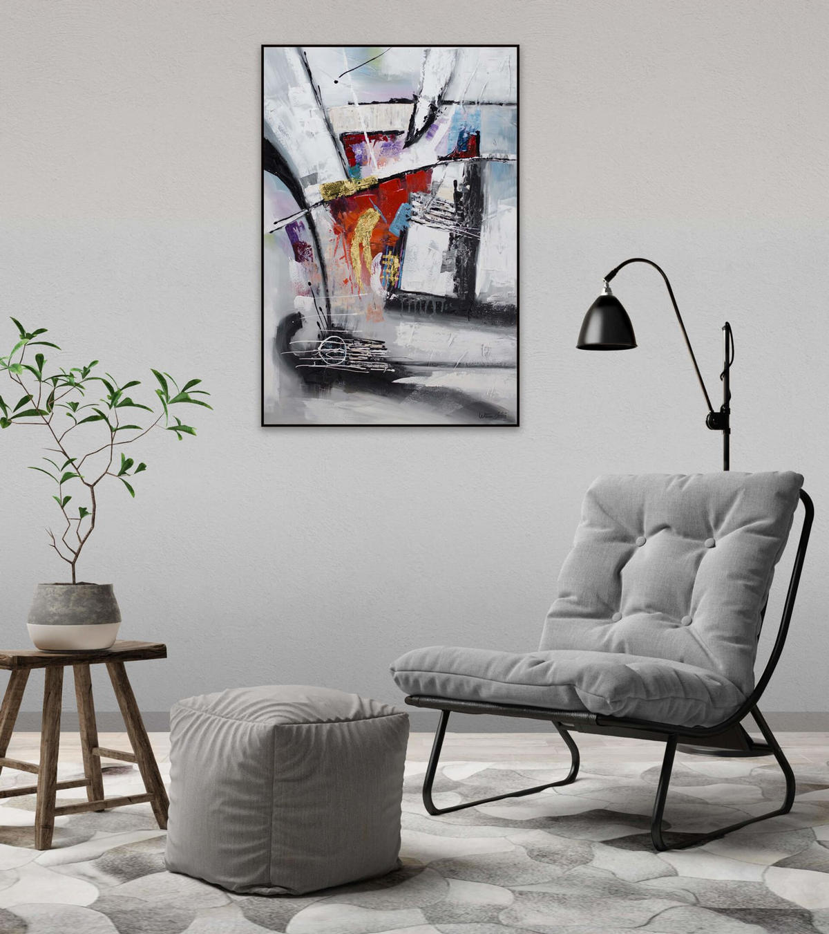 RUČNE MAĽOVANÝ AKRYLOVÝ OBRAZ 80/120 cm, sivý, abstraktný geometrický motív - sivá, drevo/textil (80/120cm) - KUNSTLOFT