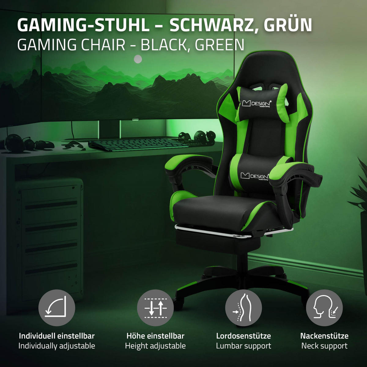 GAMINGSTUHL Schwarz-Grün aus Kunstleder - Schwarz/Grün, Kunststoff/Metall (62/119/62cm) - ML-DESIGN