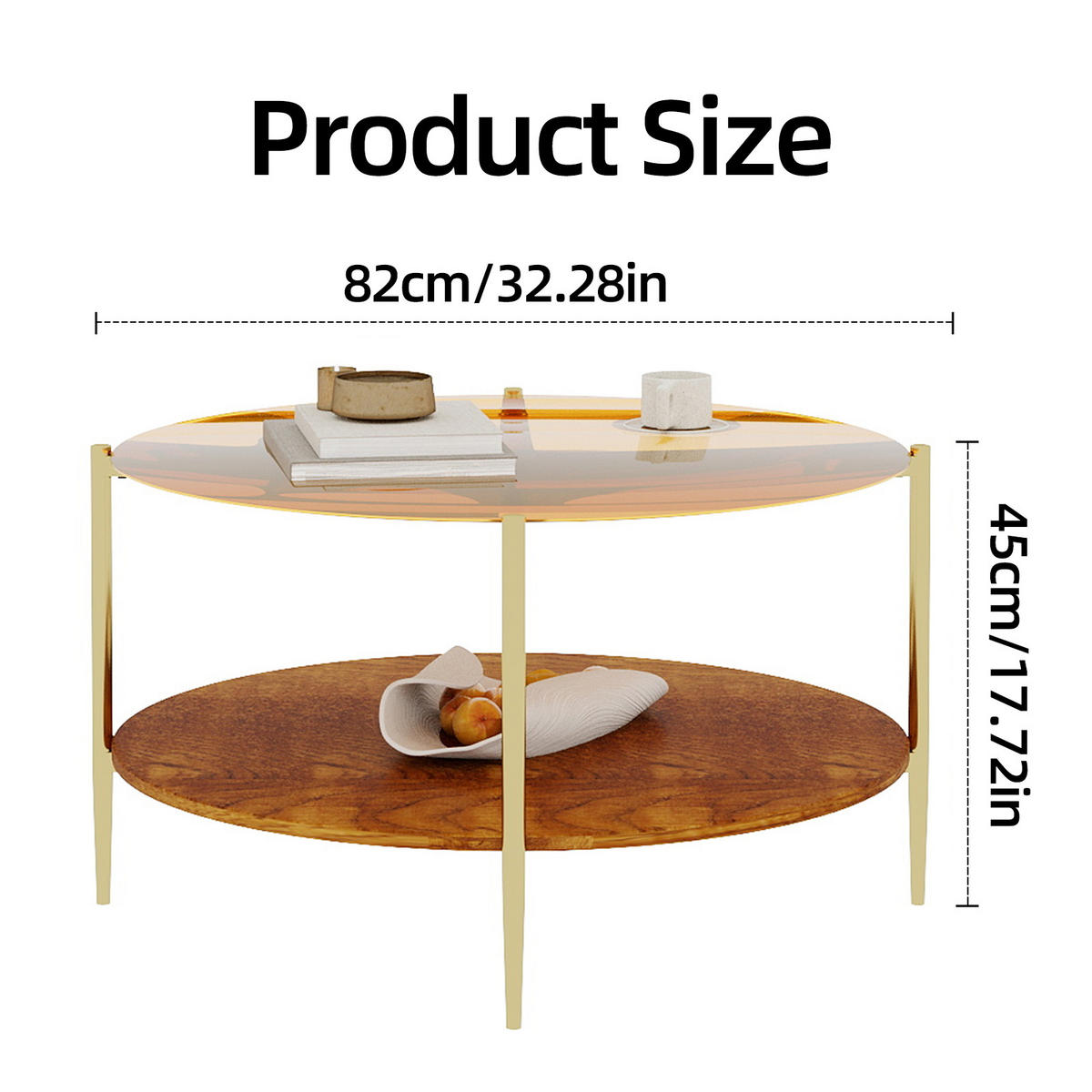 COUCHTISCH DE-37287 rund mit Goldglasplatte und zweistufigem Design Gold - Goldfarben, Metall (82/82/45cm) - ComfortXL