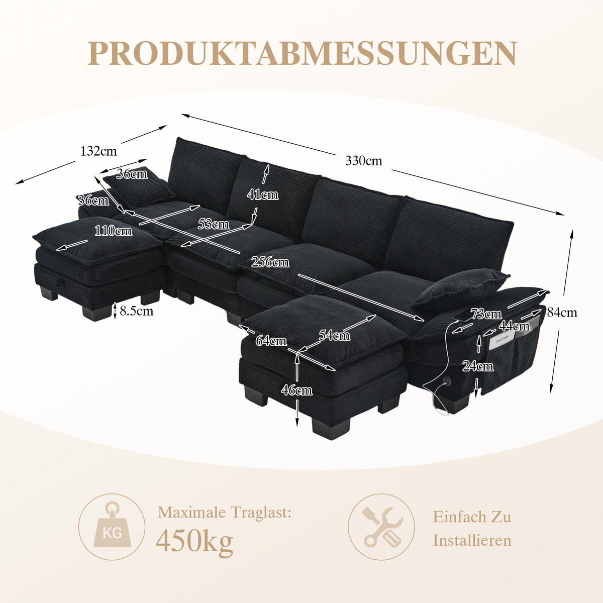 WOHNLANDSCHAFT Cord Schwarz mit USB-C und mit 2 Hocker - Schwarz, Holzwerkstoff/Kunststoff (330/84/132cm) - WISHDOR