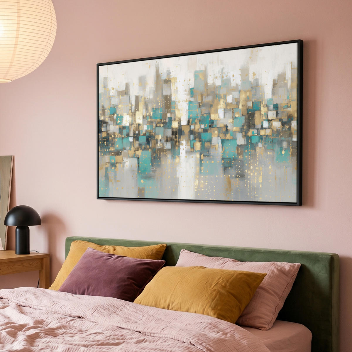 LEINWAND Bilder mit Rahmen - Abstrakt - Blöcke - Gold - Skyline - 150x100 - Beige, Textil (150/100cm) - MuchoWow