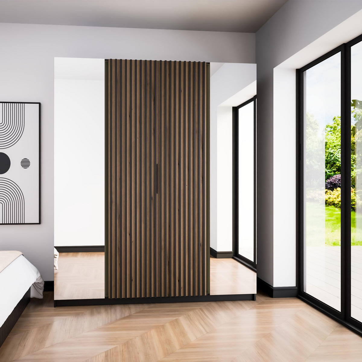 DREHTÜRENSCHRANK CAGLIARI 200/239/61,9cm 4-türig mit Spiegel Schwarz - Goldfarben/Schwarz, Holzwerkstoff (200/239/61.9cm) - MASSENO
