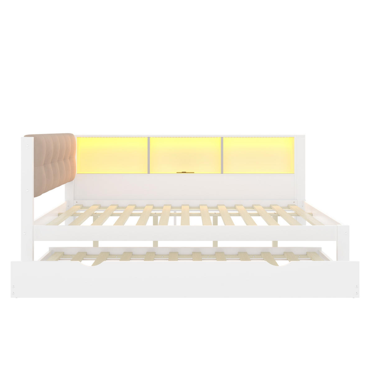 KINDERBETT 140/200 cm in Weiß mit Rollbett, Regal und LED-Beleuchtung - Weiß, Holz (140/200cm) - BEAOK