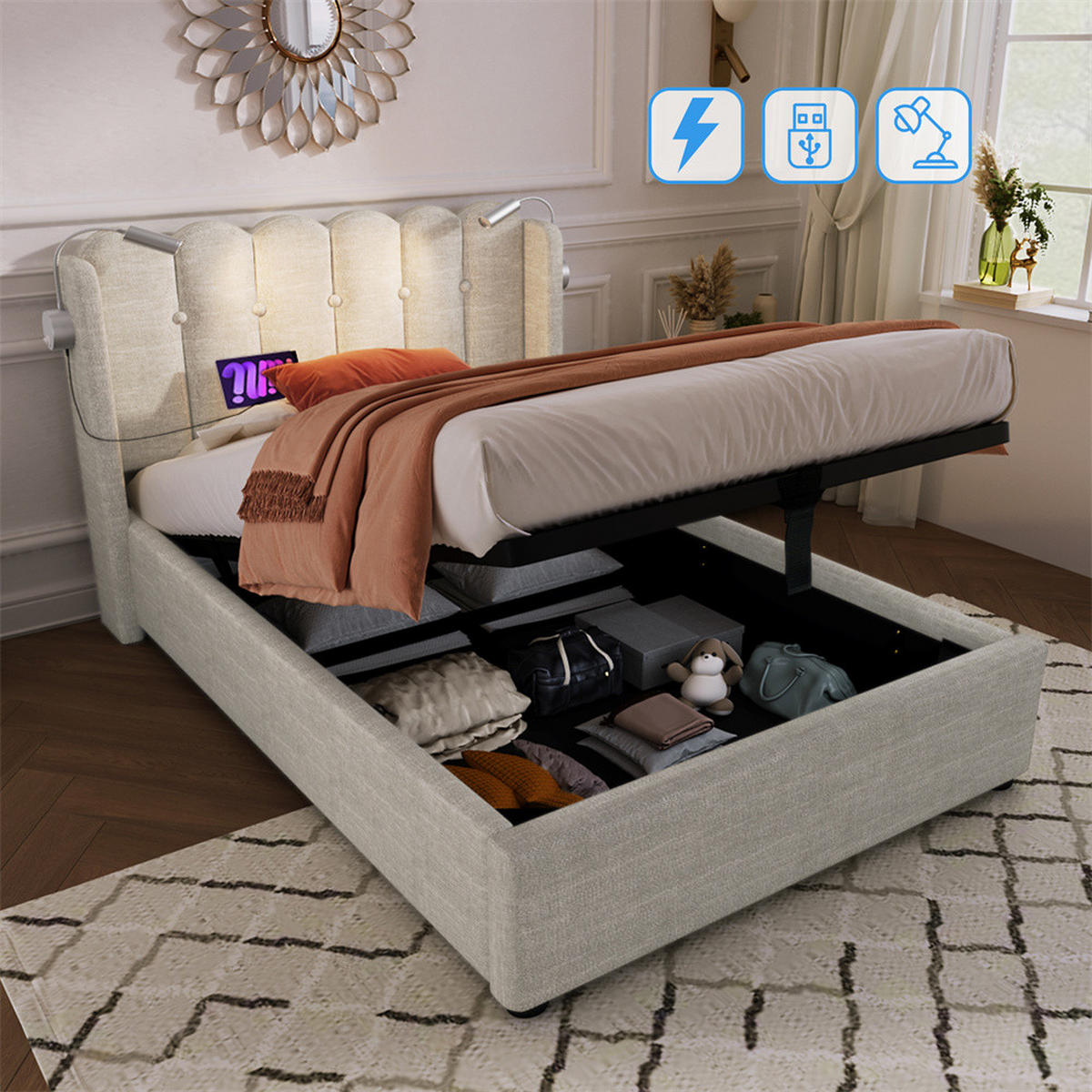 POLSTERBETT 90/200 cm in Beige Linen - Beige, Holz/Textil (160/200cm) - KOMHTOM