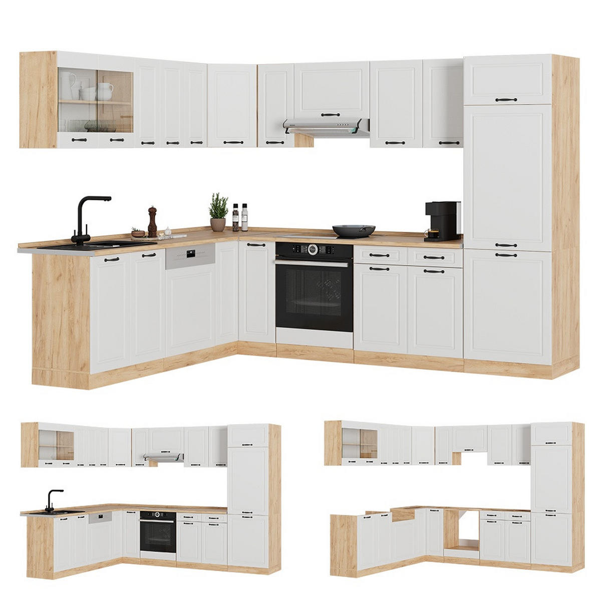 ROHOVÁ KUCHYŇA R-Line, Biely vidiecky dom/Dub Goldkraft, 287 x 227 cm, AP Oak - biela/dub medový, kompozitné drevo (287/206.8/60cm) - Vicco