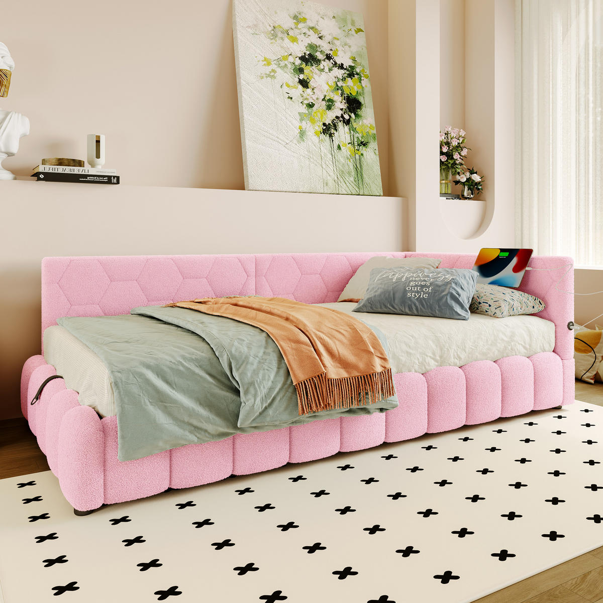 TAGEBETT 90x200cm Rosa Vliesimitat LED-Licht Hydraulik USB-C - Pink, Holz (90/200cm) - FLIEKS