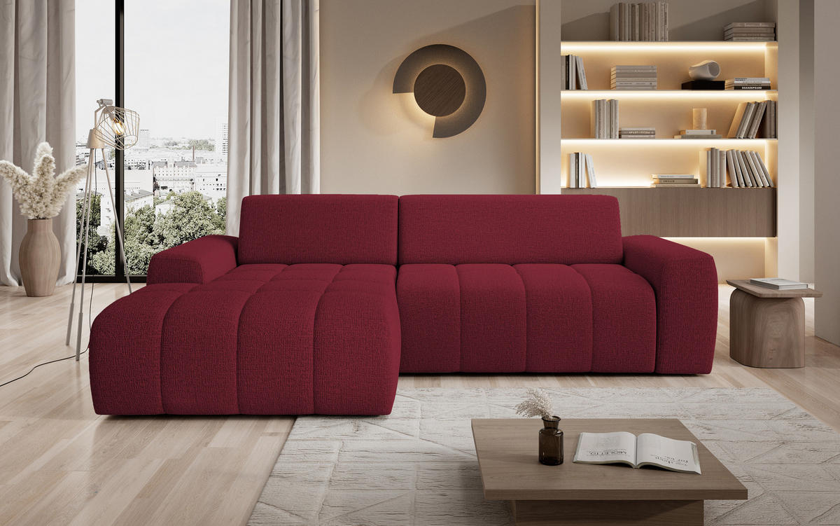 ECKSOFA Savio Freistehend, Mit Abriebfestem Kansas-Stoff, Maße 265x172x81cm, Ausziehbare Sitzfläche 206x92cm, Linke, Kirsche - Bordeaux, Holz/Textil (172/265cm) - DomoHome