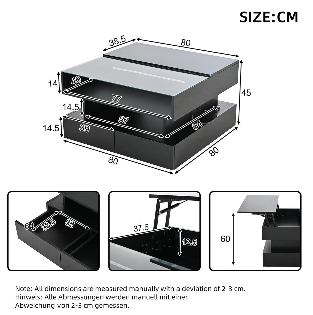 COUCHTISCH höhenverstellbar, Hochglanz schwarz, Glasplatte & Stauraum, 80/80/45 cm,Schwarz - Schwarz, Holzwerkstoff (80/80/45cm) - Redom