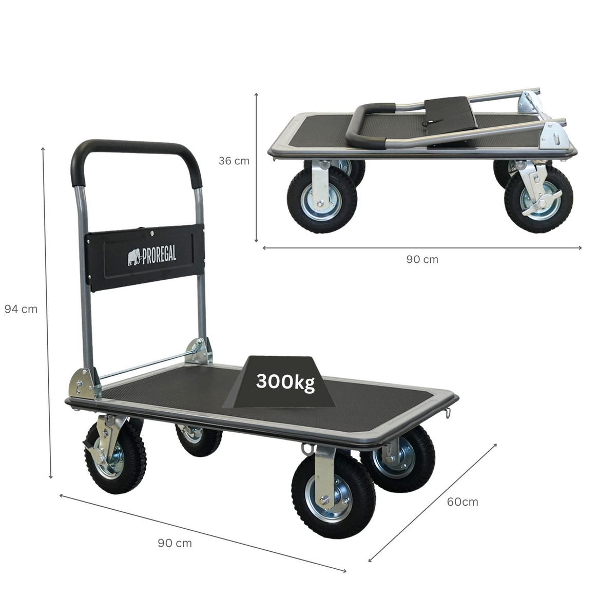 PLATTFORMWAGEN Transportwagen Rhino 300kg klappbar mit Luftreifen & Werkzeugtasche - Schwarz, Metall (90/60/94cm) - PROREGAL