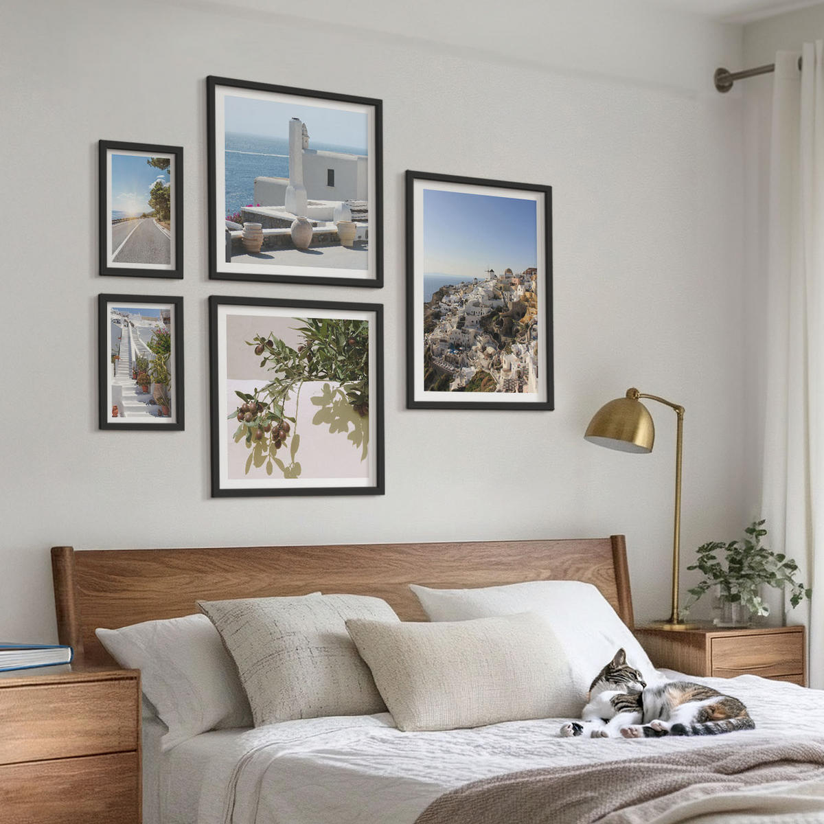 BILDER SET 5er Set - 50x50 cm & 20x30 cm & 40x60 cm Schwarzer Rahmen - Weiße Treppe mit Blick auf Santorini - Schwarz, Kunststoff (40/60cm) - TULUP