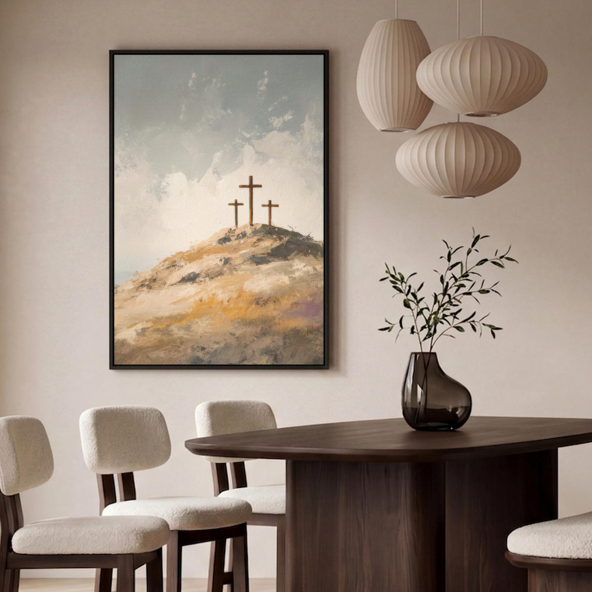LEINWAND Bilder mit Rahmen - Hügel - Abstrakt - Christentum - Kreuz - 80x120 - Hellgrau, Textil (80/120cm) - MuchoWow