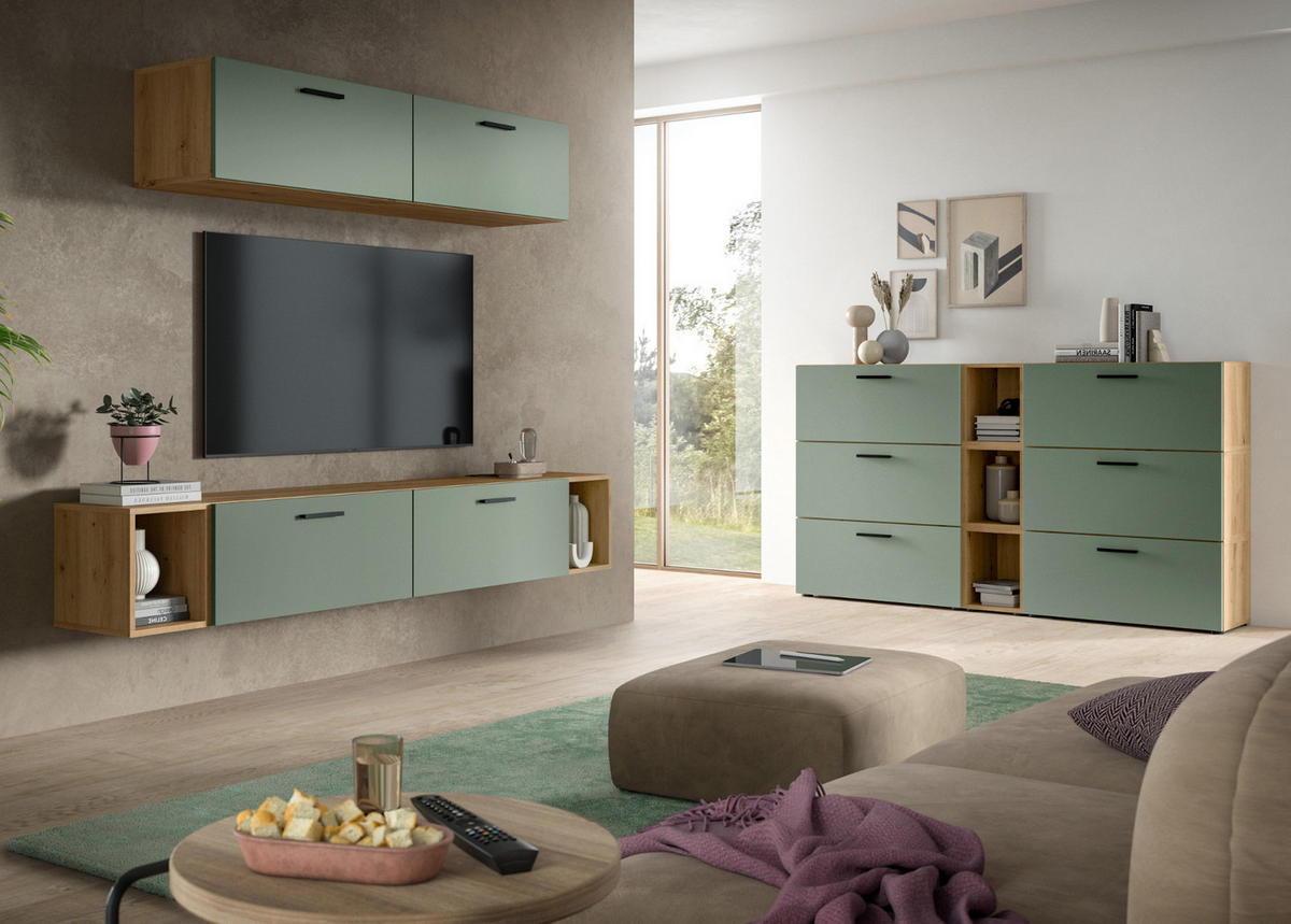 SIDEBOARD grün, Eiche Artisan 176 cm, Kommode mit Soft-Close - Schwarz/Eiche Artisan, Holzwerkstoff/Kunststoff (176/99/34cm) - Inn.Furn