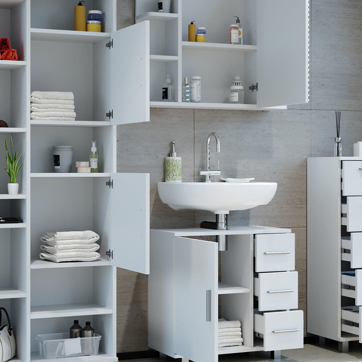 BADMÖBEL-SET Ilias Weiß 4 Teile, mit Hochschrank - Weiß, Holzwerkstoff (60/60/33cm) - Vicco