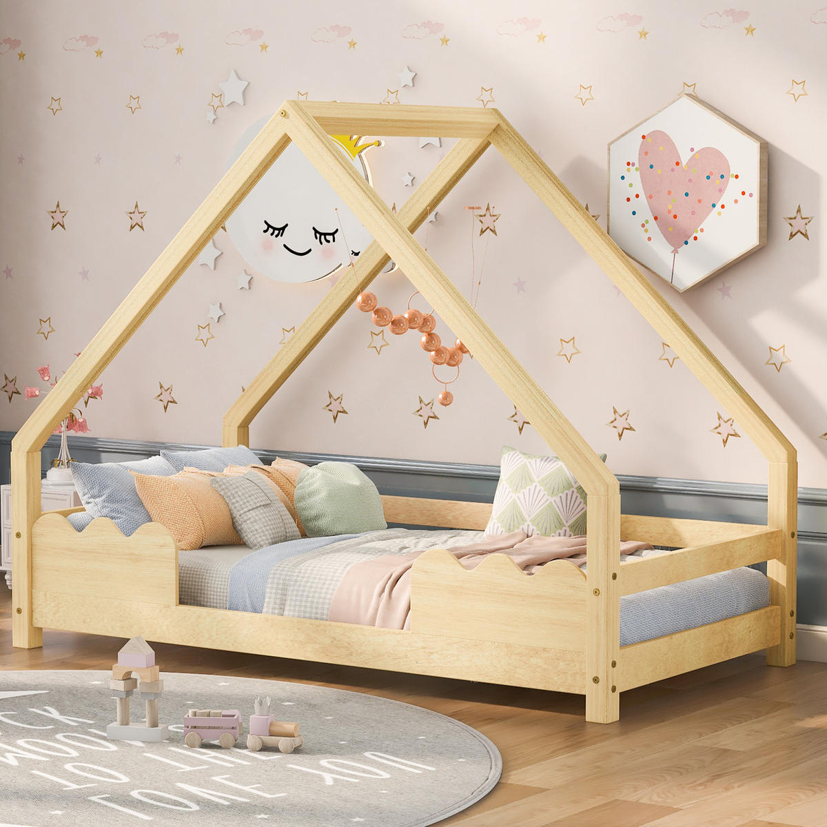 HAUSBETT 90x200 Kinderbett Rausfallschutz Jugendbett Massivholz Natur - Naturfarben, Holzwerkstoff (90/200cm) - FLIEKS
