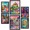 POSTER Set Mit 6 Mary Blair inspiriert Eiffel Prag Saint Michele Alhambra Belgien Fushimi A3 & A4 Schwarzer Rahmen - Schwarz, Papier (29/3cm) - Nacnic