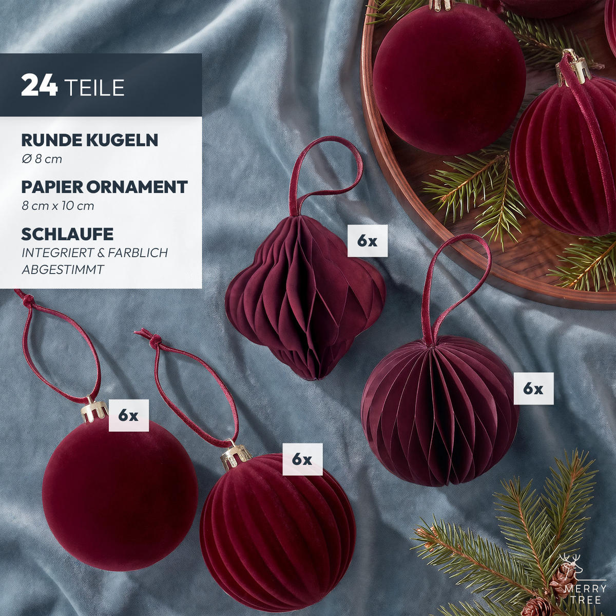 WEIHNACHTSKUGELN aus edlem Samt & Papier-Origami, 24 Stk., Weintrot - Weinrot, Kunststoff (8.5/10/8.5cm) - Merry Tree