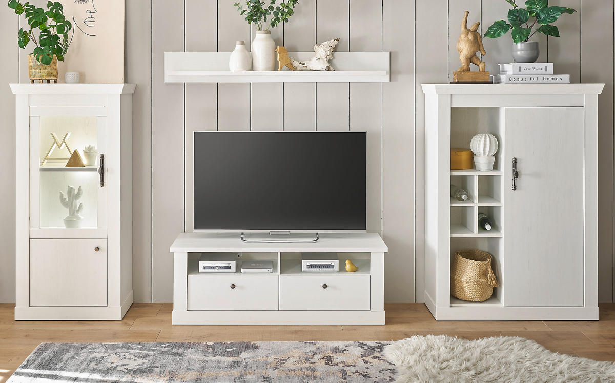 WOHNWAND weiß Pinie Landhaus, Wohnkombination 4-teilig, Soft-Close-Funktion - Silberfarben/Weiß, Holzwerkstoff/Metall (334/170/45cm) - Furn.Design