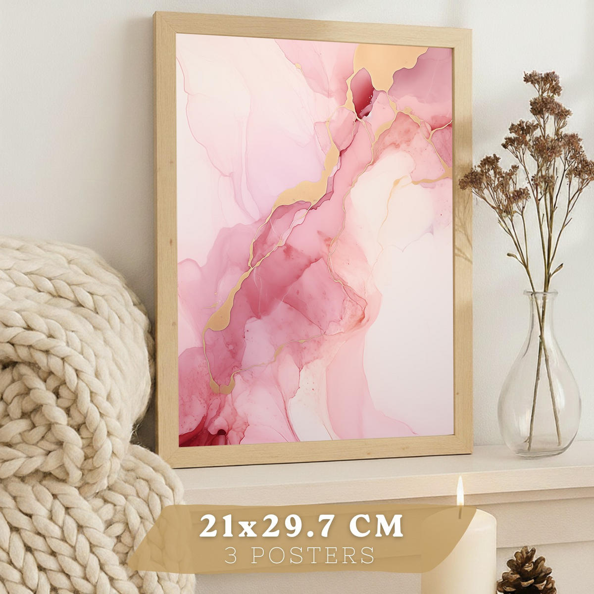PLAKAT Sada 3 Fuchsia Pink A3 Lehký dřevěný rám - béžová, papír (29.7/1/42cm) - Nacnic