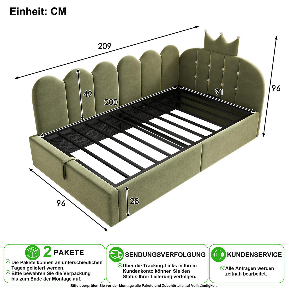 ČALOUNĚNÁ POSTEL 90/200 cm v zelené barvě s úložným prostorem ze sametu - zelená barva, kov/kompozitní dřevo (90/200cm) - CHICFURN