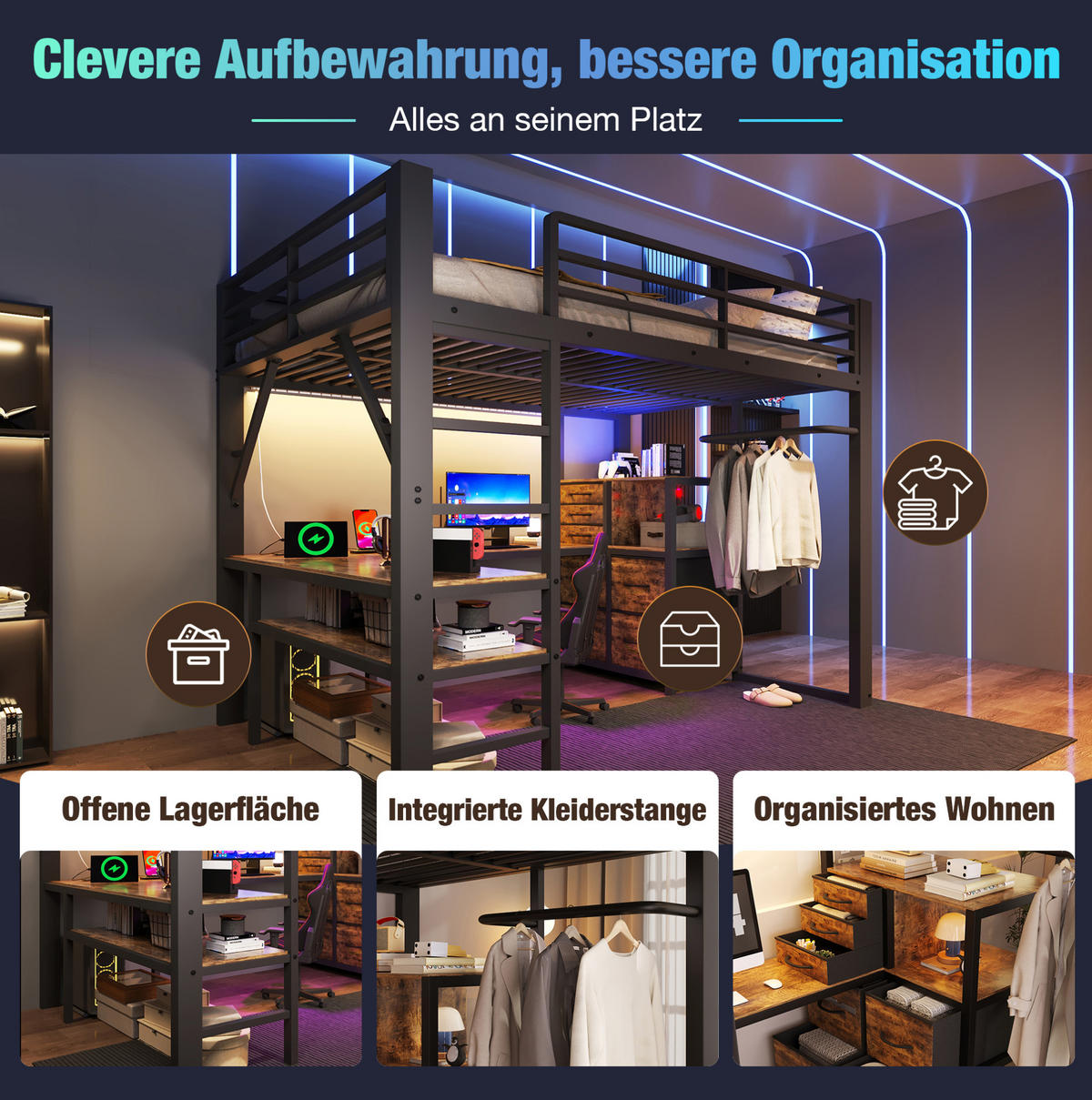 HOCHBETT aus Metall und MDF 140x200 cm Vintage-Braun-Schwarz mit Schreibtisch, LED und 7 Stoffschubladen - Schwarz, Metall (140/200cm) - Modfu