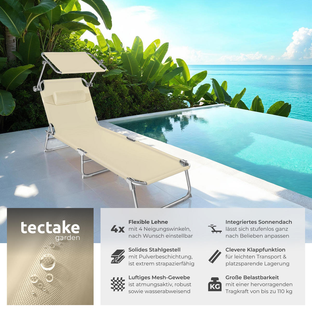 GARTENLIEGE Chloé,190 x 68 x 65 cm,beige - Beige, Kunststoff (68/65/190cm) - tectake