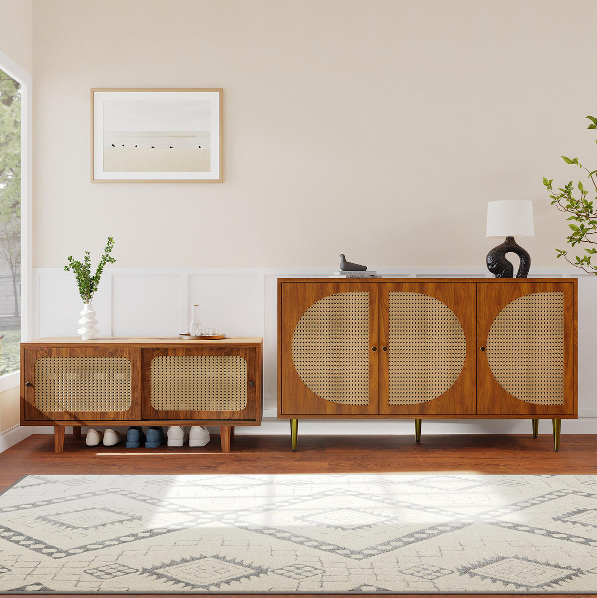 SCHUHSCHRANK-SET 2-teilig (Rattan-Kommode und Schuhschrank), 104/40/48 cm (Standardmaß), Rattan/Spanplatte, Walnuss - Walnussfarben, Holzwerkstoff (40/48/104cm) - Redom