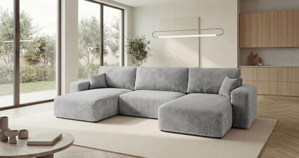 WOHNLANDSCHAFT BERLIN U-Form grau Cord Poso 55 - Schlaffunktion, Bettkasten - Grau, Textil (385/86/185cm) - Cornero