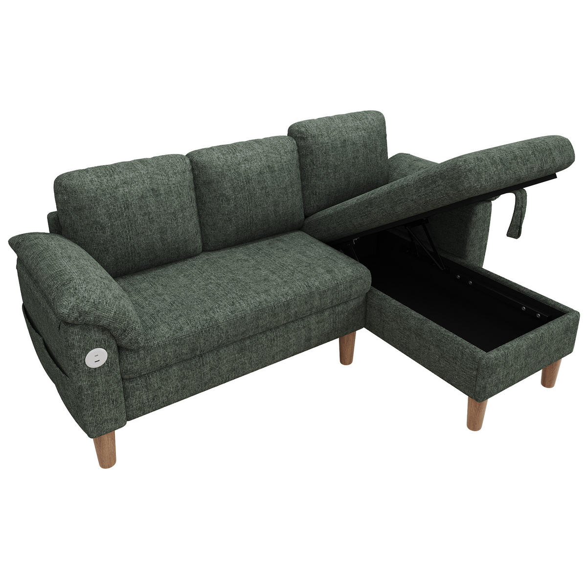 ECKSOFA 181/125/88 cm Grün mit Stauraum-Chaiselongue und USB/Type-C-Ladeanschluss - Grün, Textil (181/125cm) - Oxeza