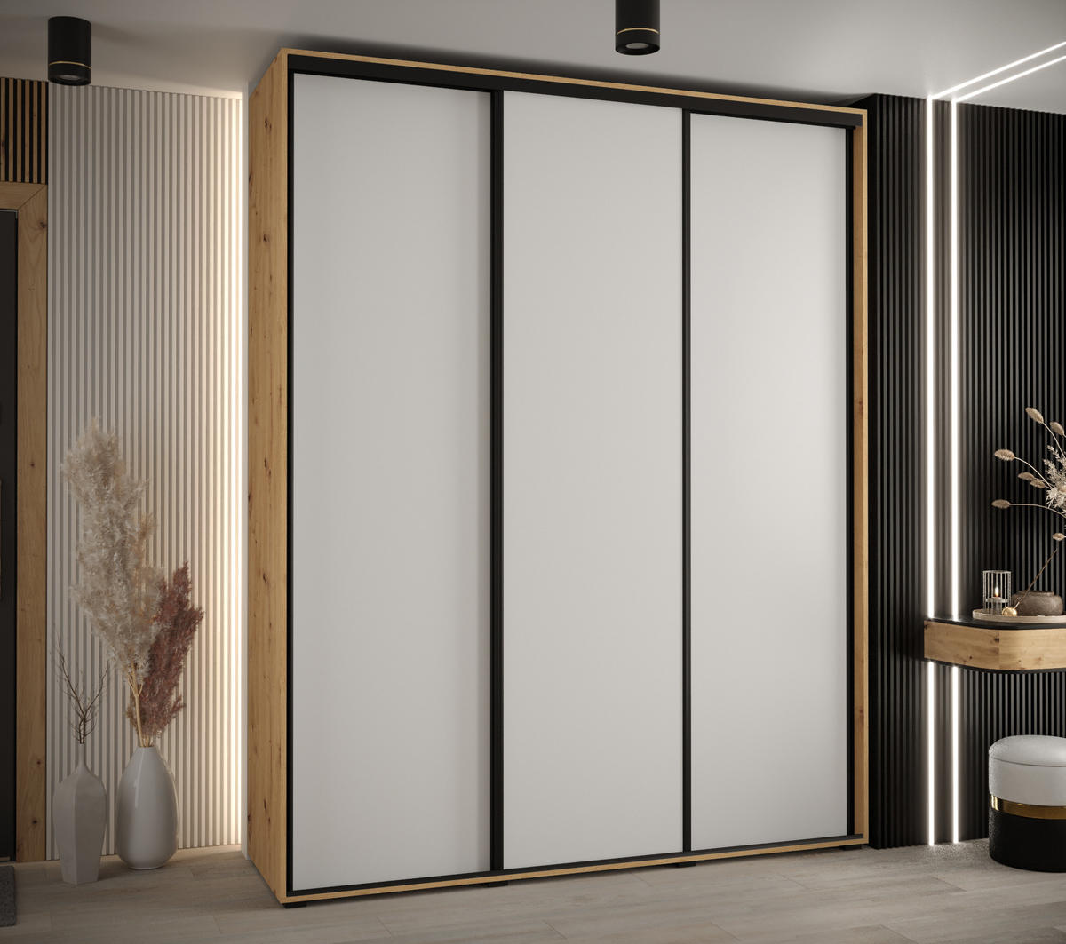 SCHWEBETÜRENSCHRANK 235,2/200/45 3-türig - Schwarz/Weiß, Holz/Metall (200/235/45cm) - Abiks Möbel