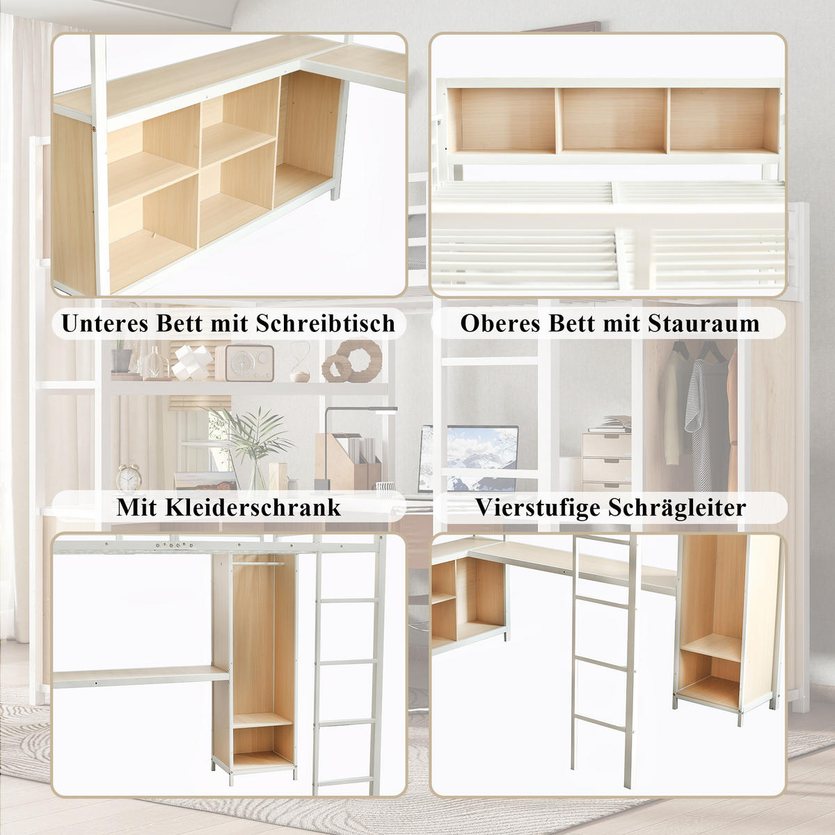 HOCHBETT 140/200 cm in Weiß & Natur mit Kleiderschrank, Stauraum und Schreibtisch - Weiß, Holzwerkstoff/Metall (140/200cm) - CHICFURN