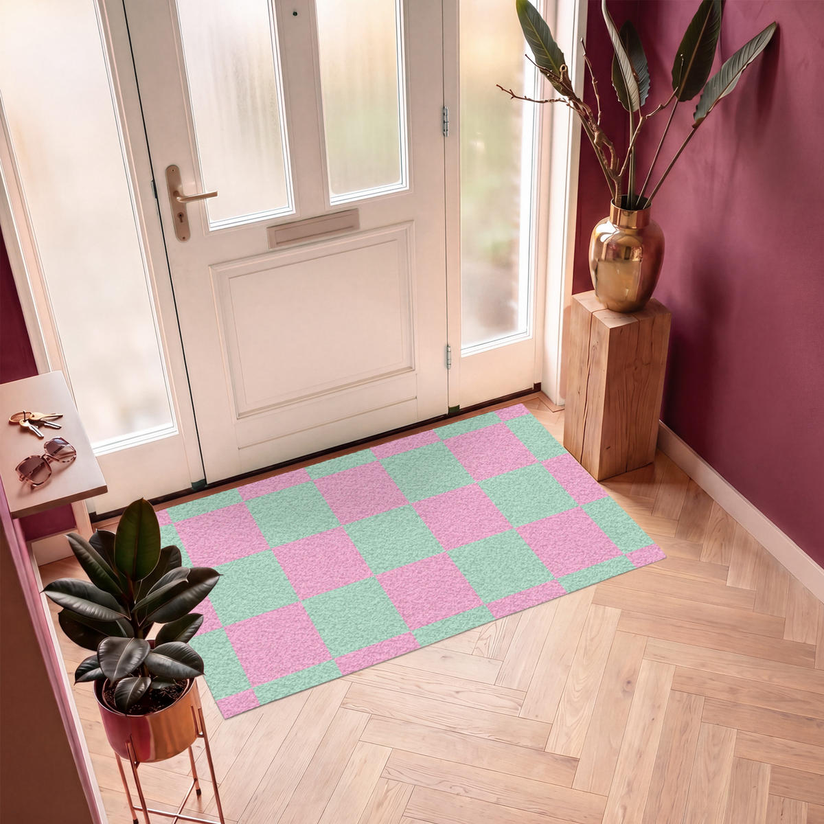 FUSSMATTE Schachbrettmuster - Grün - Rosa - Würfel Fußabtreter 150x90 cm - Mintgrün, Kunststoff (150/90cm) - MuchoWow