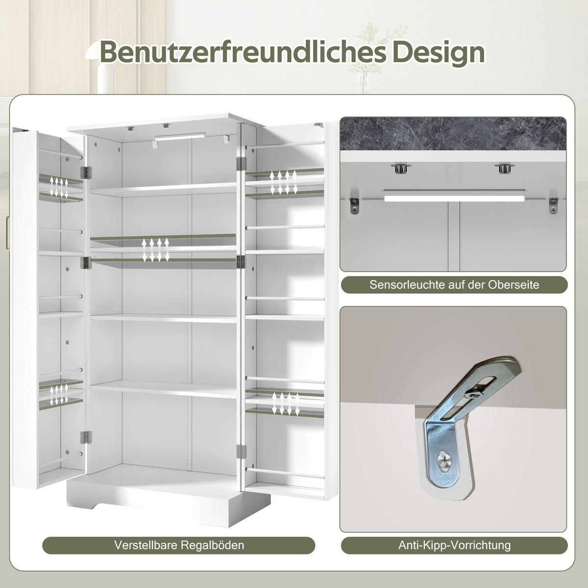 BUFFET aus MDF 60x35x128 cm Weiß mit LED-Sensorleuchte, verstellbaren Ablagen und platzsparendem Stauraum - Weiß, Holzwerkstoff (60/128/35cm) - Modfu