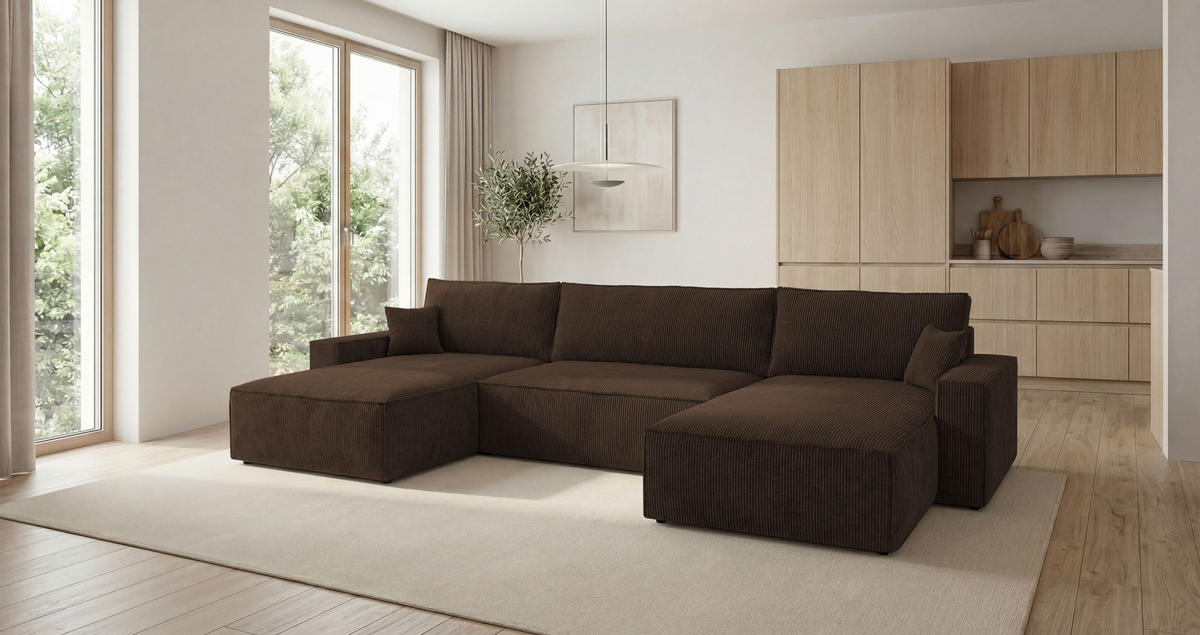 SEDACÍ souprava VIENNA tvar U hnědá manšestr Poso 6 - funkce spaní, úložný prostor - hnědá, textil (385/86/185cm) - Cornero