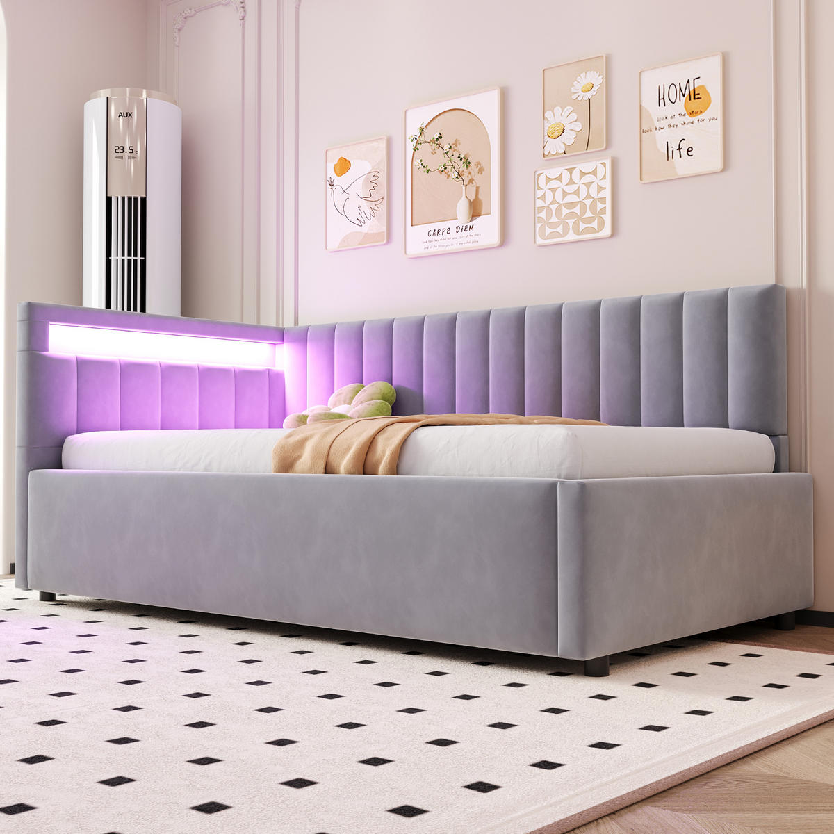 POLSTERBETT 90/200 cm hellgrau aus Samt mit LED und hydraulischem Stauraum - Hellgrau, Textil (90/200cm) - OKWISH