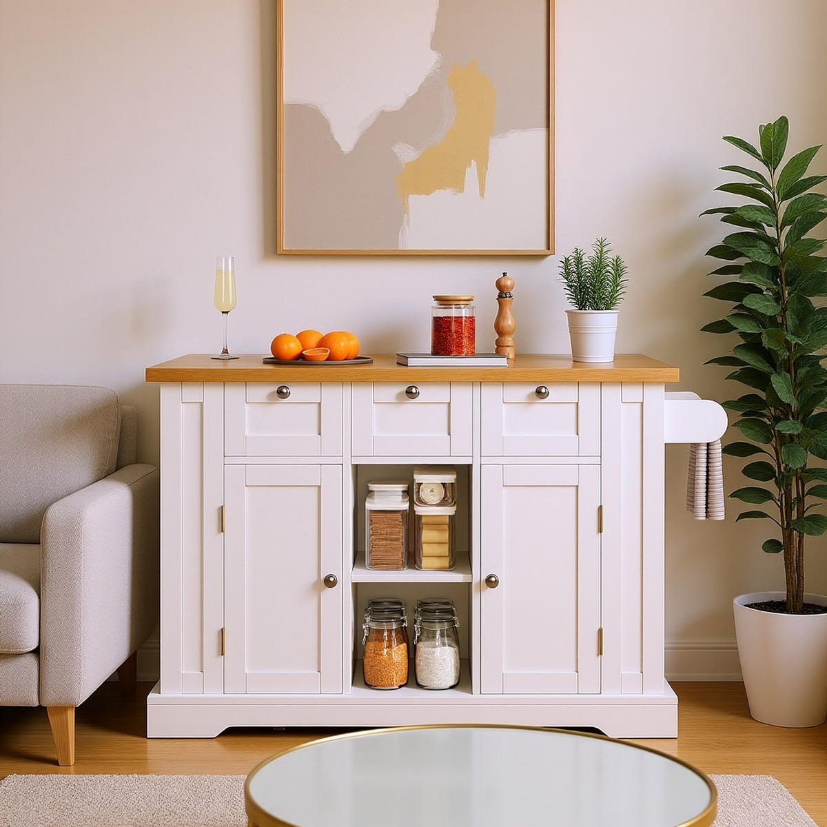 KÜCHENINSEL mit Stauraum, USB & Steckdosen, klappbare Arbeitsplatte - Weiß, Holzwerkstoff/Metall (132/87/70cm) - Urban Meuble