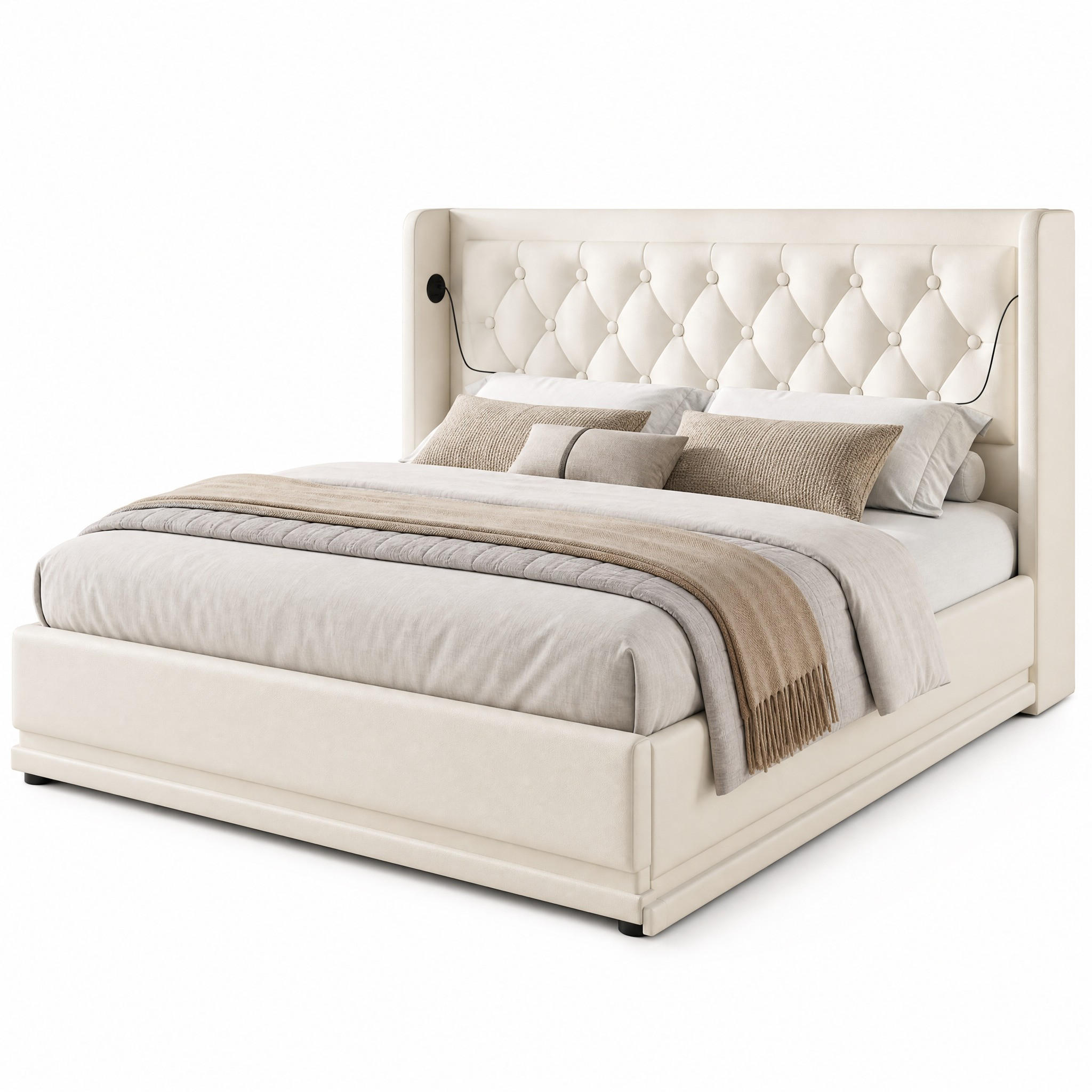 POLSTERBETT 160/200 cm in Weiß mit Bettkasten, LED und USB/Type-C Kunstleder Wingback-Design - Weiß, Holzwerkstoff/Textil (160/200cm) - STILVORA