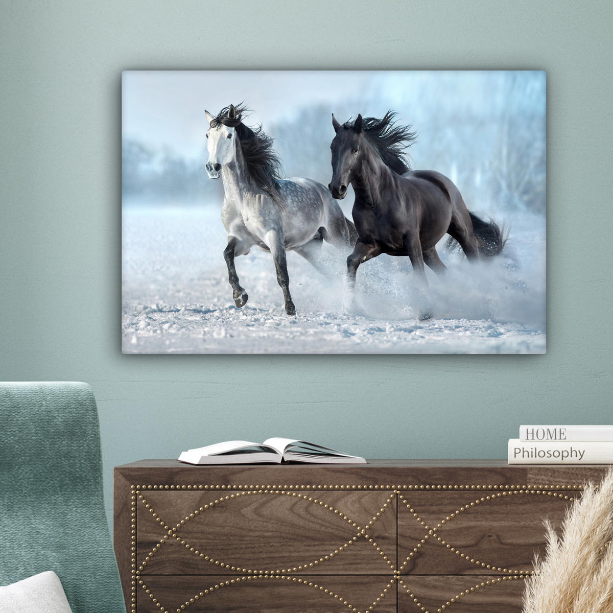 LEINWANDBILD Pferde - Winter - Tiere - Natur - Schnee Wanddeko 90x60 cm - Anthrazit, Textil (90/60cm) - MuchoWow