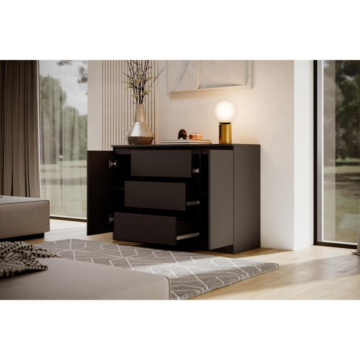 KOMMODE Lemon 120 cm mit zwei Türen und drei Schubladen Schwarzmatt - Schwarz, Holzwerkstoff (120/78/39cm) - Beautysofa