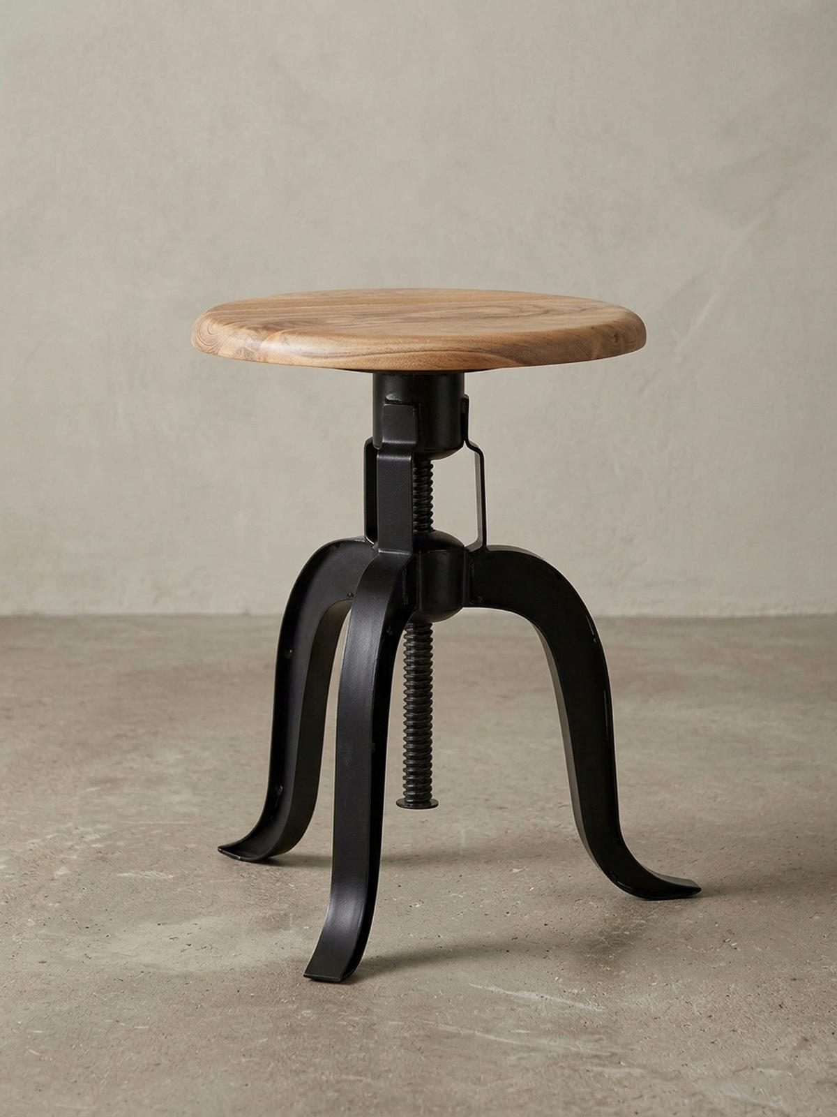 DREHHOCKER – Akazie Massivholz/Eisen, höhenverstellbar, Industrial-Stil - Schwarz/Braun, Holz/Metall (39/48/39cm) - KADIMA DESIGN