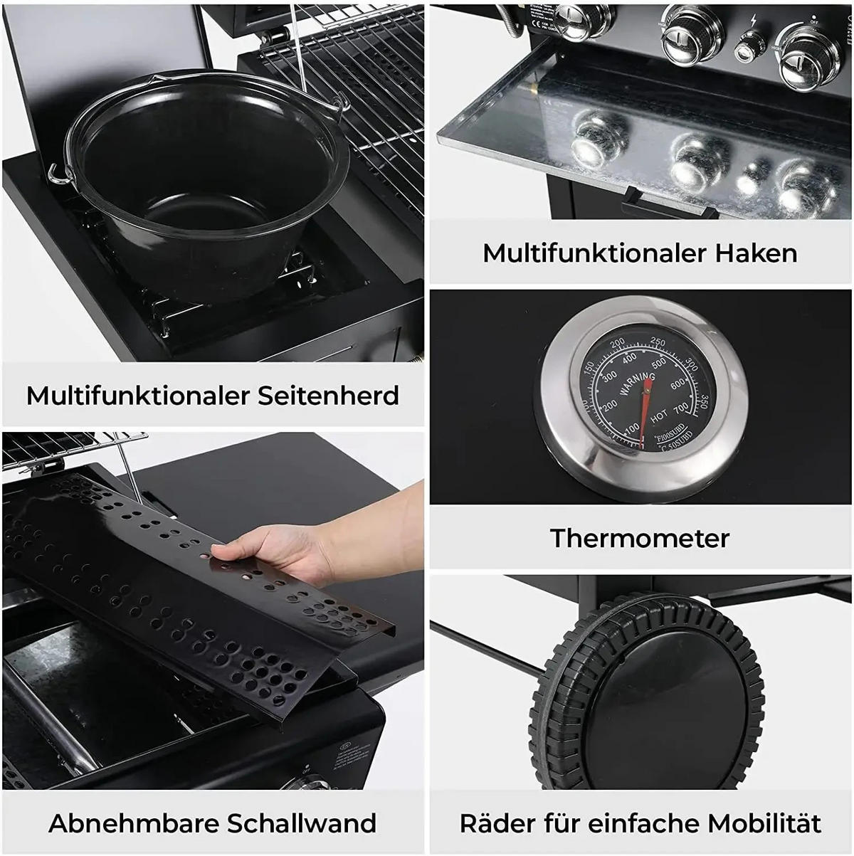 GASGRILL mit Wagen – 4 Brenner, Piezozündung, Thermometer - Schwarz, Metall (42/76/133cm) - Auledio